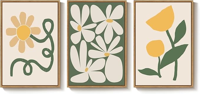 Framed Boho Abstract Wall Art Bedroom, 3 Piece Green and Yellow Mid Century - Image 9