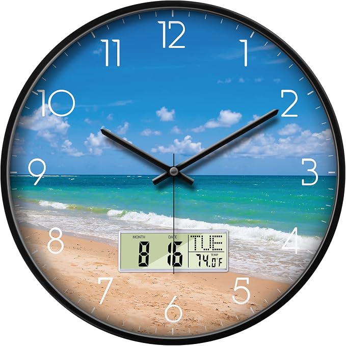 14" Silent Non-Ticking Modern Coastal Beach Wall Clock, Battery Operated Analog by SCOAGE