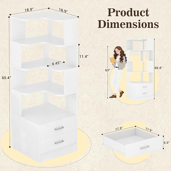 Armocity Corner Bookshelf with Drawers, 7 Tier Corner Book Shelf Display - Image 2