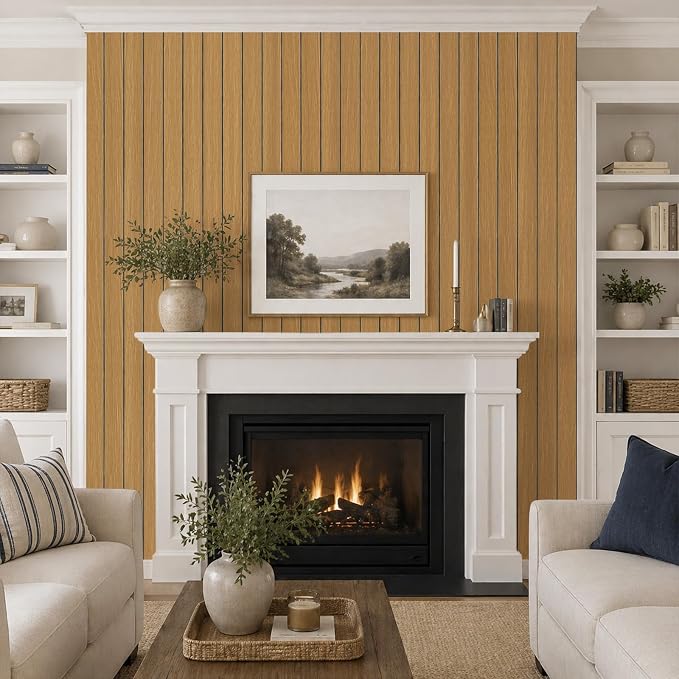 VEELIKE Honey Teak Wood Slat Wall Panels Peel and Stick Decorative Faux Wood - Image 3