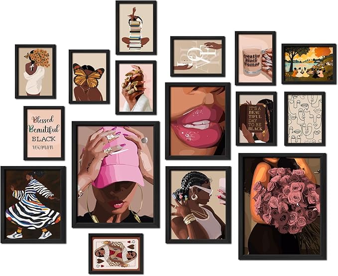 ANERZA 16 PCS Black Girl Wall Art Decor, African American Gallery Wall Prints by ANERZA