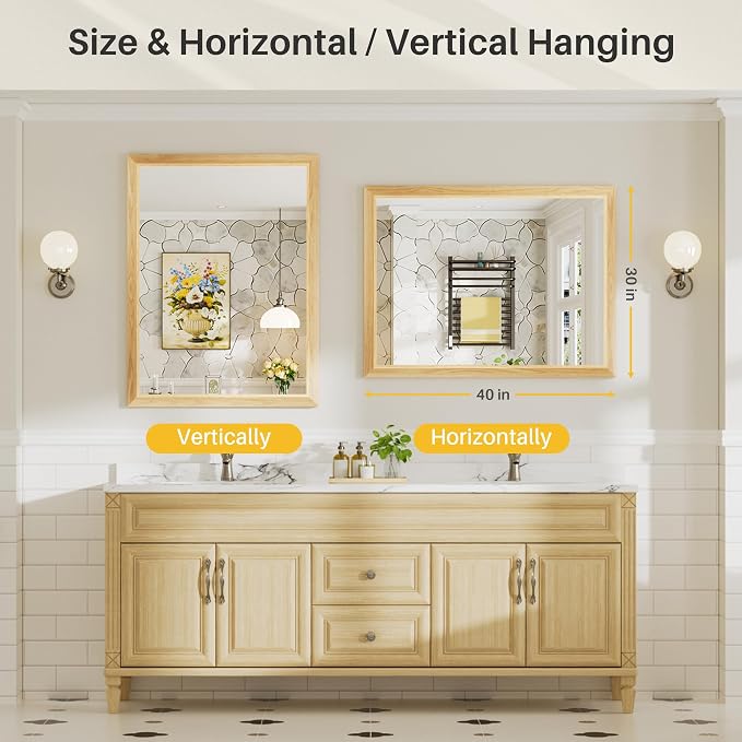 40x30 Inch Bathroom Mirror for Wall, Anti-Rust Oak Wood Grain Metal Framed - Image 7