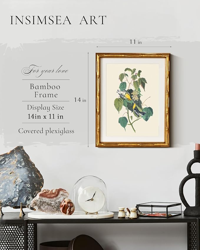 InSimSea Gold Bamboo Framed Canvas Wall Art, Vintage Bird Botanical Paintings - Image 3