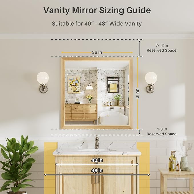 36x36 Inch Bathroom Mirror for Wall, Anti-Rust Oak Wood Grain Metal Framed - Image 2