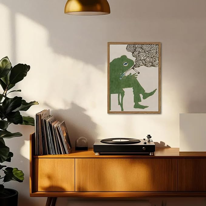 Funny Frog Smoking Wall Art Whimsical Green Frog Wall Decor Painting Cute - Image 5