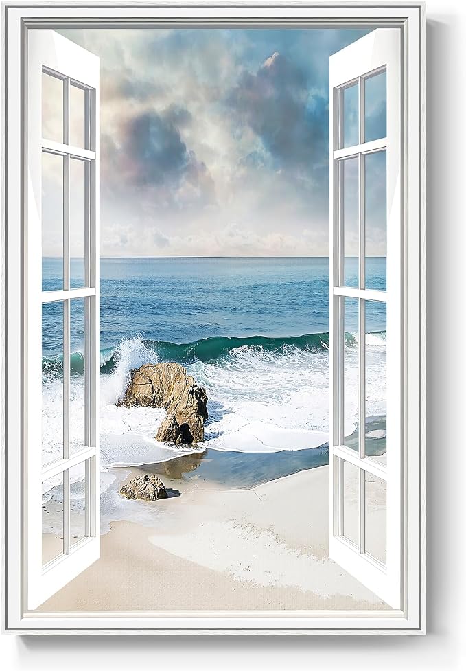 Framed Window Beach Scene Wall Art, Nature Blue Coastal Seascape Vertical by MXART