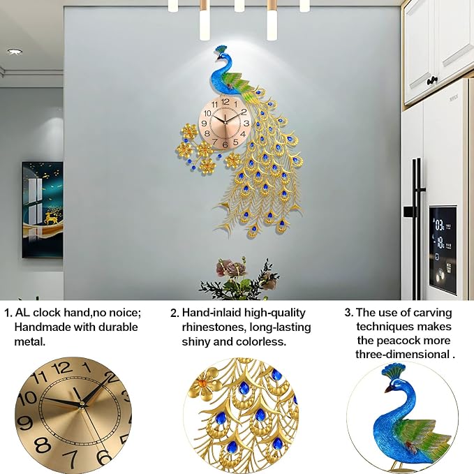 Large Peacock Wall Clock for Living Room Decor, Mid Century Decorative Big Wall - Image 7
