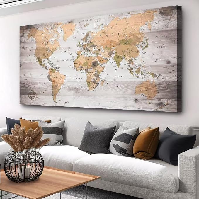 Large Wall Art grey map of The World Painting Ready to Hang 29"x58"Large Framed by ZEYDRT