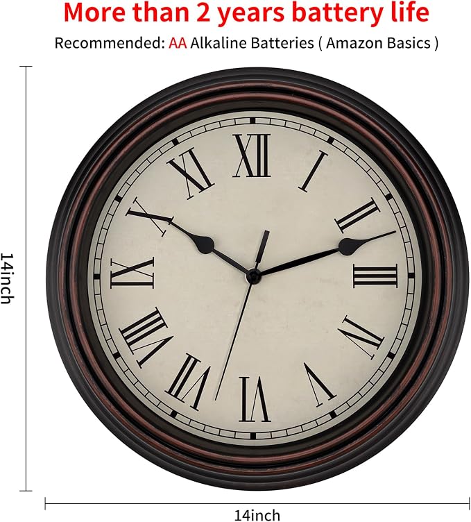 Foxtop 14 Inch Roman Numerals Wall Clock Battery Operated Silent Non-Ticking - Image 2