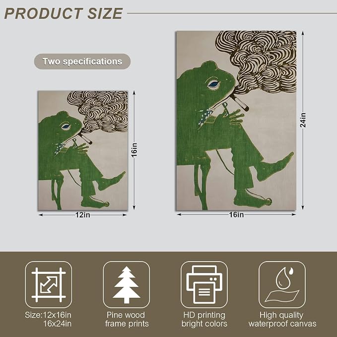 ALMLZL Funny Smoking Frog Wall Art Humorous Animal Whimsical Green Frog Canvas - Image 7