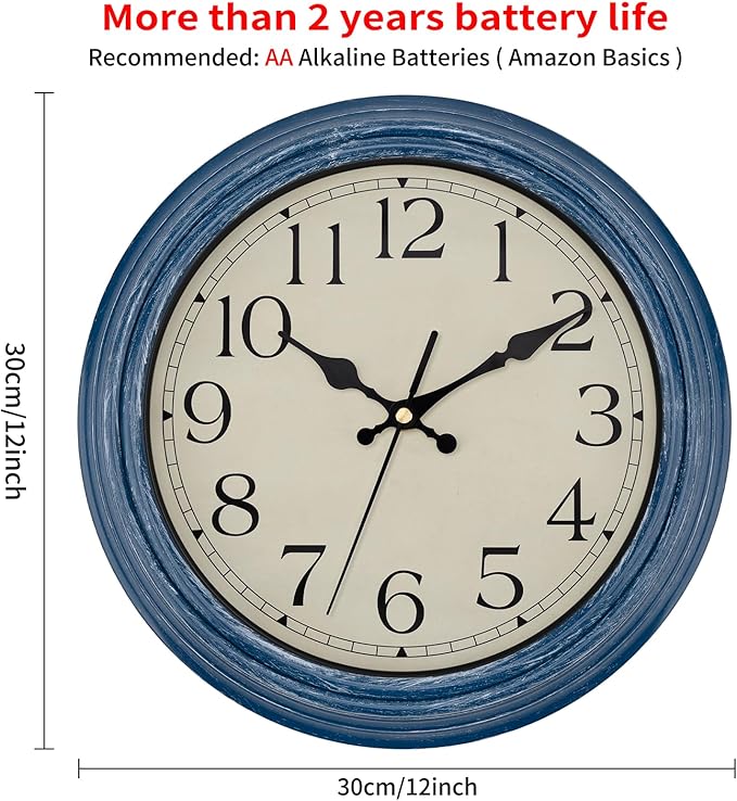 Foxtop 12 Inch Wall Clocks Battery Operated Silent Non-Ticking Classic Vintage - Image 2