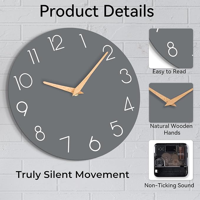 cicininc Wall Clock, 12 Inch Wooden Silent Non-Ticking, Decorative Battery - Image 6