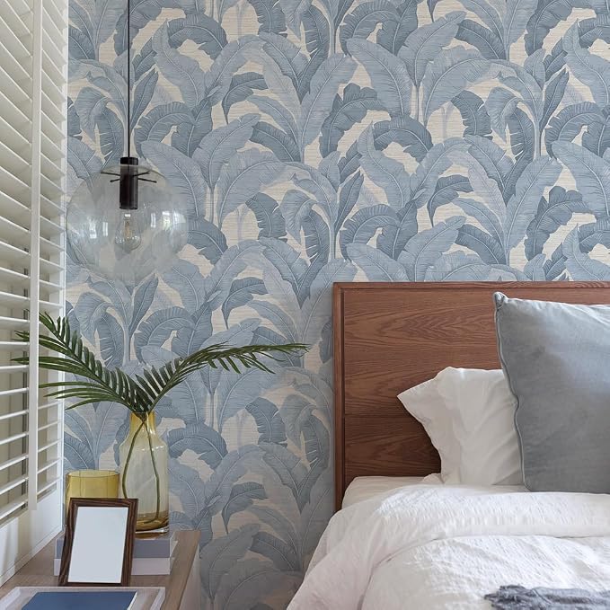 Tempaper Textured Blue Layered Palm Faux Grasscloth Removable Peel and Stick - Image 2