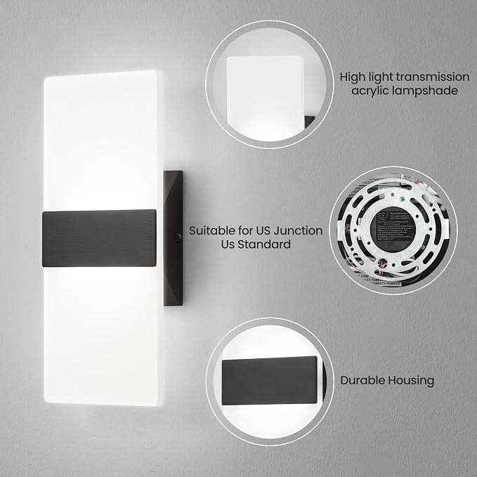 12 Inch Modern Black LED Wall Sconce, Indoor Dimmable Wall Lights, 12W - Image 5