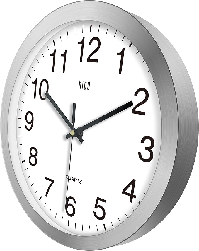 HITO 12 Inch Silent Wall Clock Battery Operated Non Ticking Glass Cover Silver - Image 2
