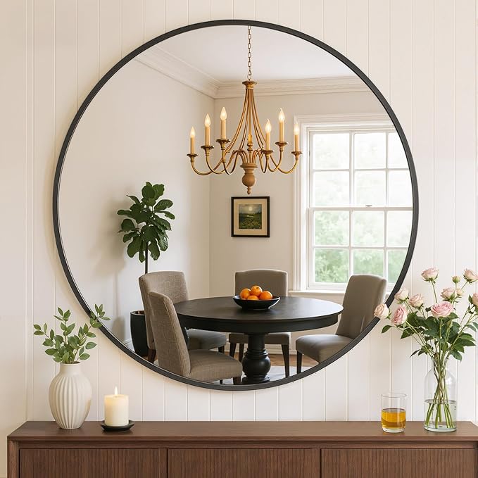 Bathroom Mirror for Wall, 30 Inch Round Mirror, Matte Black Metal Framed Circle by Atilioo