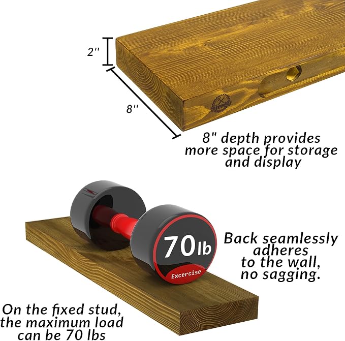 Rustic Floating Shelves 48 inch Long 8 inch deep Set of 2, Solid Wood Wall - Image 3