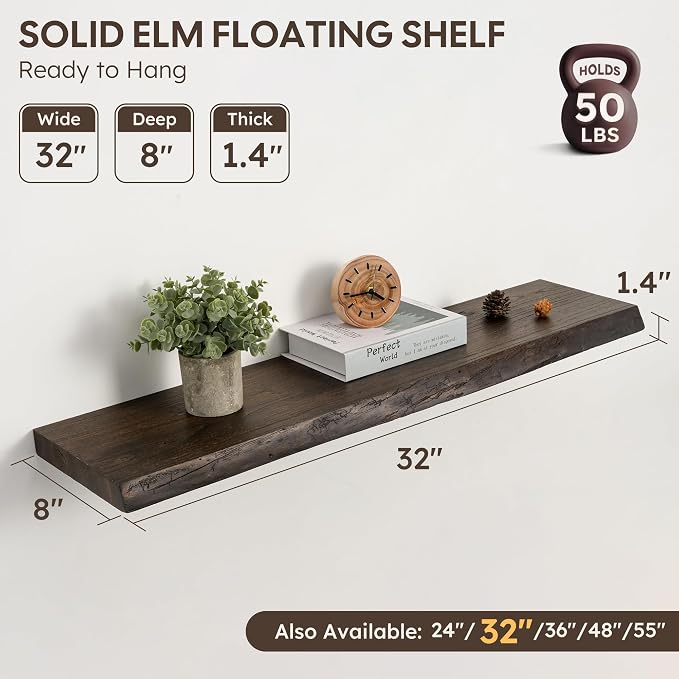 Floating Shelves Set of 2, Solid Elm Wood Wall Shelves 32 Inch - Image 3