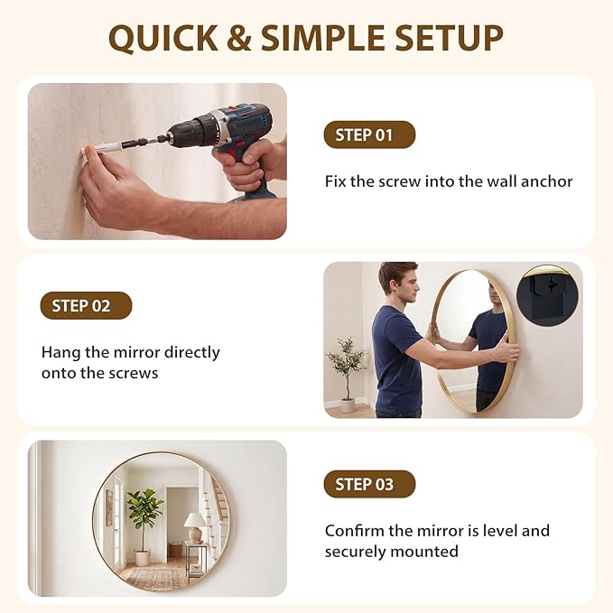 NEWBULIG 30-Inch Round Wall Mirror, Bathroom Wall Circle Mirror - Image 6