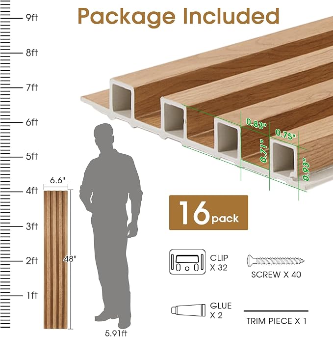WPC Slat Wall Panels 16 Pack 48" x 6.6", Waterproof Fluted Wall Paneling - Image 5