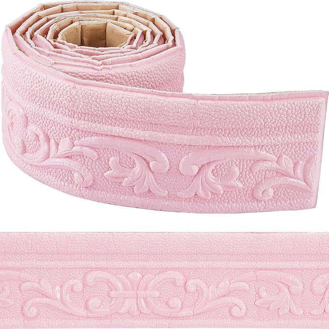 CRASPIRE 88 x 3in Crown Molding Peel and Stick 3D Flexible Foam Wall Trim Pink by CRASPIRE