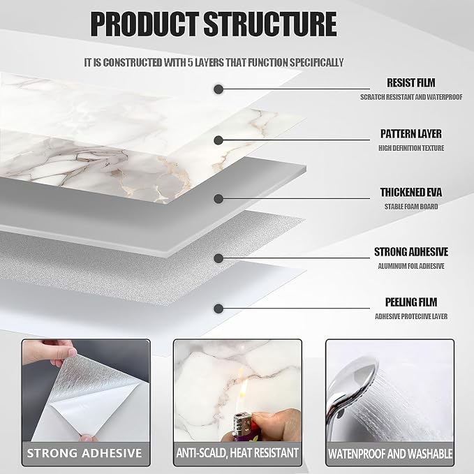 10pcs Peel and Stick Tile Shower Waterproof Marble Tiles Wall Panels, - Image 5
