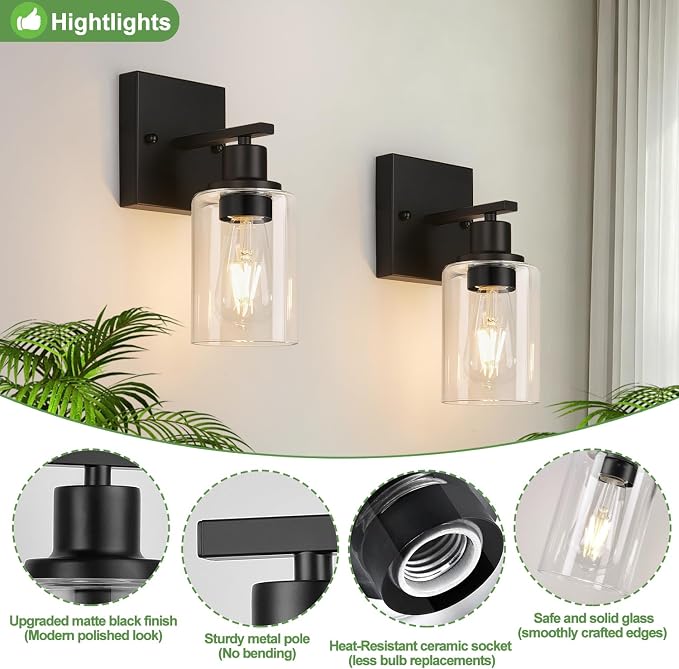 Indoi Set of 2 Wall Sconces for Bathroom, Matte Black Modern Vanity Lights - Image 4