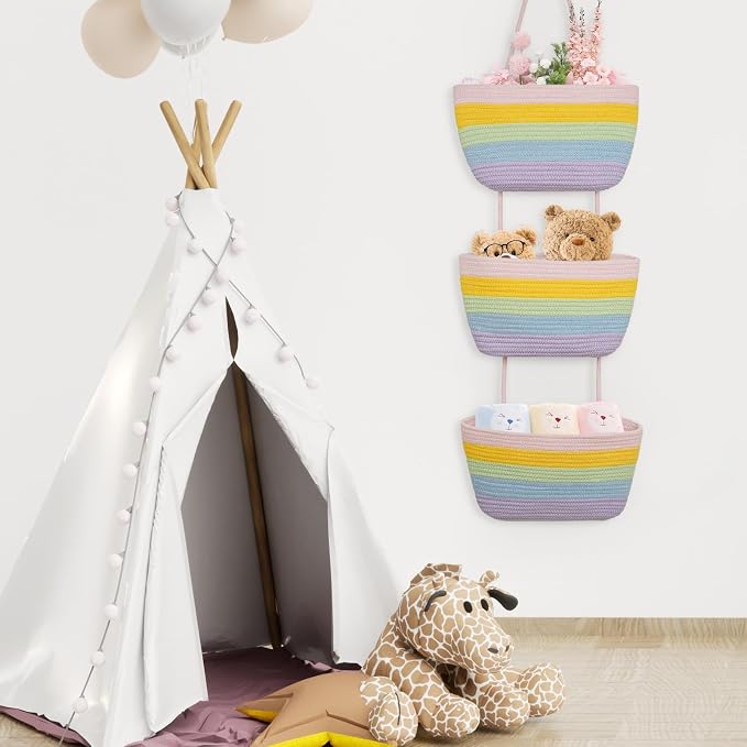 TeoKJ Over the Door Hanging Basket, 3-Tier Woven Cotton Wall-Mounted Storage - Image 3