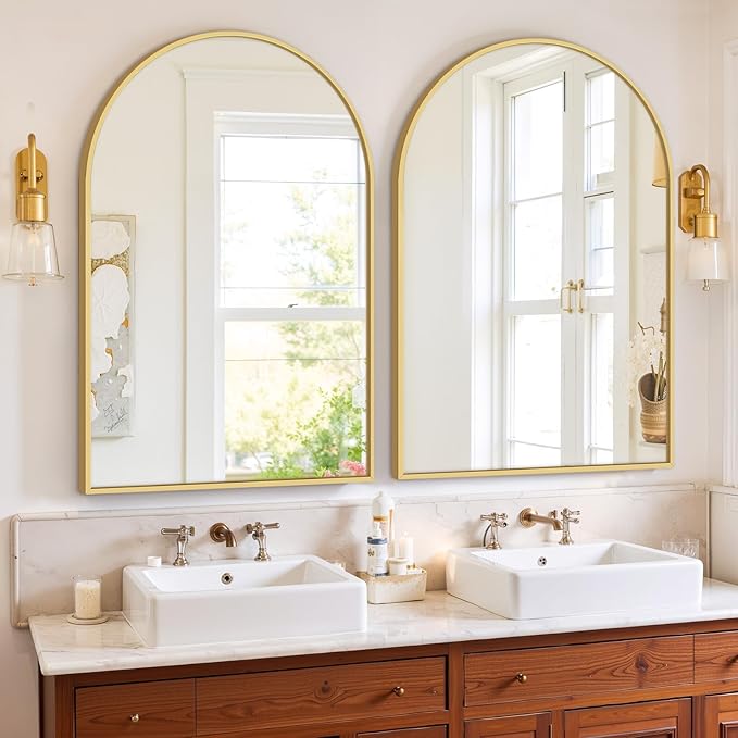 Bathroom Mirror for Wall, 36x24 Inch Arched Mirror, Matte Gold Metal Framed - Image 6