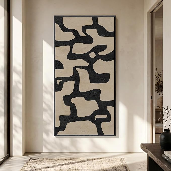 Large Framed Neutral Abstract Wall Art, Vertical Black Beige Geometric Canvas by Cuspin