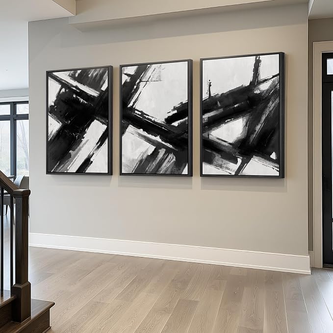Large Framed Black and White Abstract Canvas Wall Art - Image 2