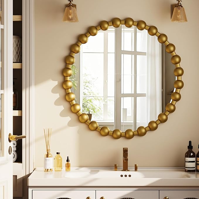 Easly Round Mirror for Wall, 24 Inch Gold Beaded Frame Decorative Vanity Mirror by EASLY