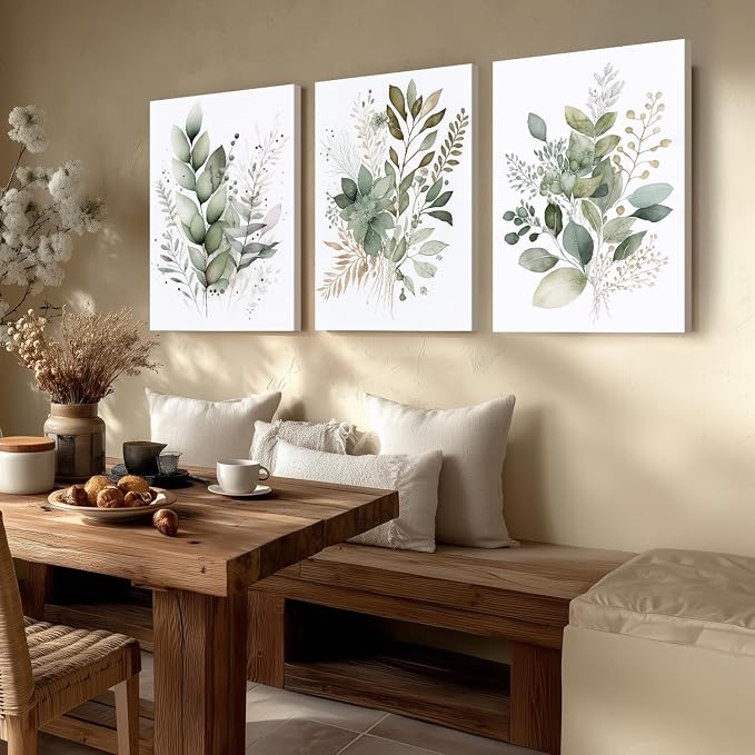 LLEEMPI Framed Sage Green Wall Art Set of 3, Modern Watercolor Botanical Wall - Image 3