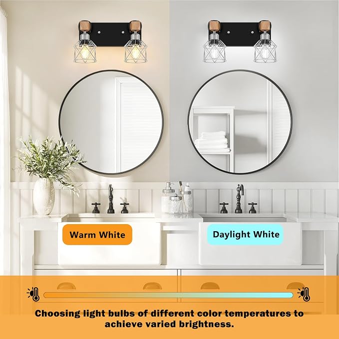 FadimiKoo Farmhouse Bathroom Light Fixtures, Rustic 2-Light Wood Vanity Lights - Image 4