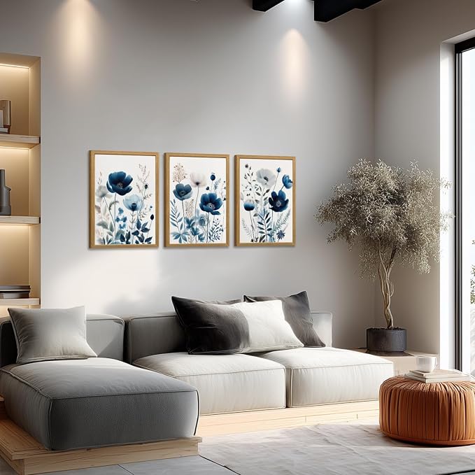LLEEMPI Navy Blue Floral Wall Art Set of 3, Modern Wildflower Wall Decor - Image 3