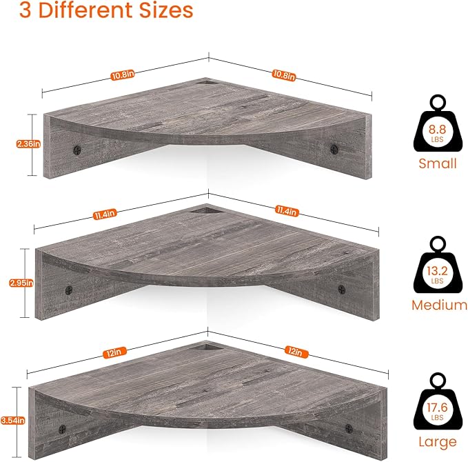 Homode Corner Floating Shelves, 3 Tier Wood Hanging Shelf Organizer - Image 3