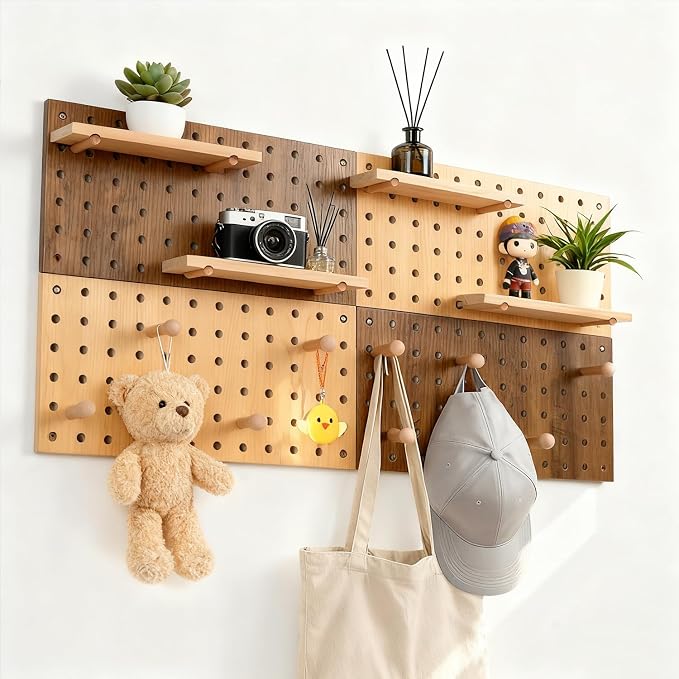 Brown & Beige Wood Pegboard Modular Display Wooden Pegboard Combination Wall - Image 2