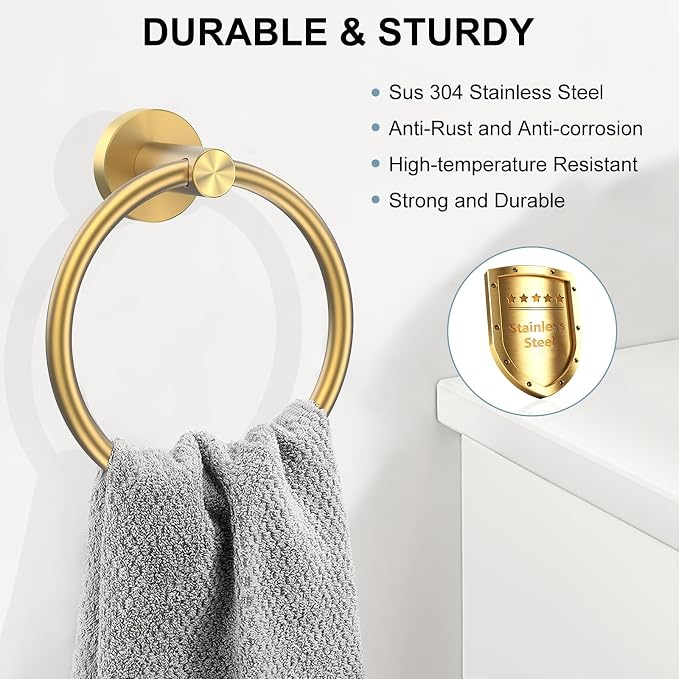 SetSail Towel Holder for Bathroom Wall Screw-in Gold Towel Ring Stainless Steel - Image 2