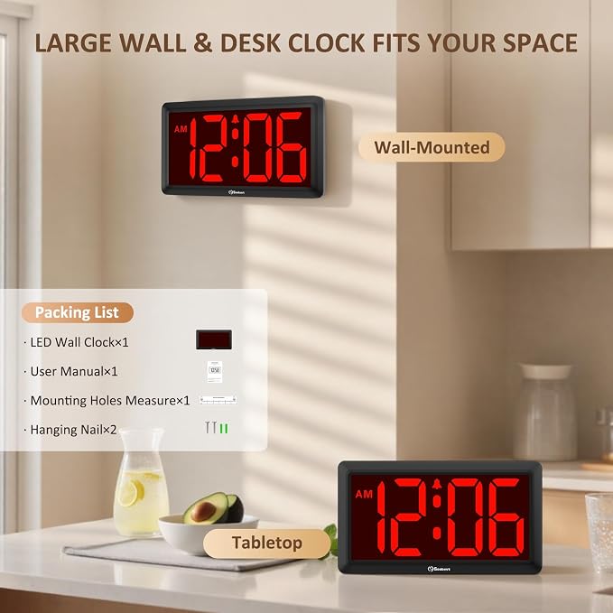 Soobest 9.5 Inch Large Digital Wall Clock Battery Operated, Auto & Manual - Image 7