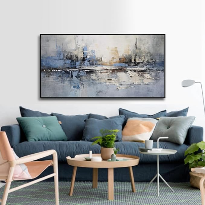 Abstract wall Art Framed Artwork Blue and Gray White Decor Modern Canvas Wall - Image 2