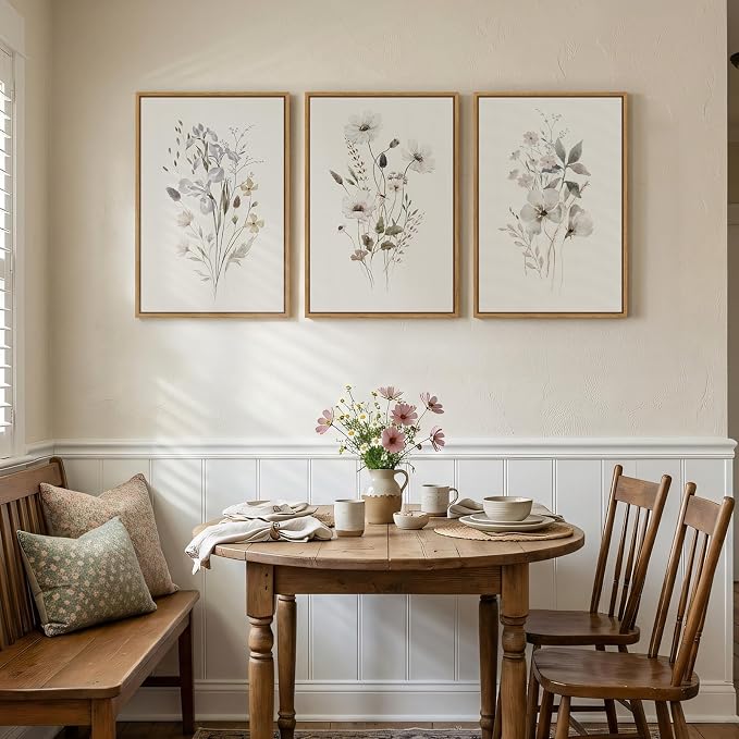 Framed Neutral Botanical Floral Wall Art, 3 Piece Modern Farmhouse Flower - Image 2