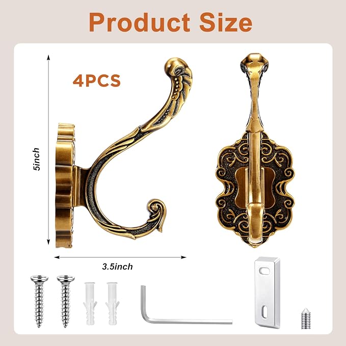 Zonon 4 Pcs Antique Gold Wall Hooks Set Vintage Coat & Towel Hooks - Image 2