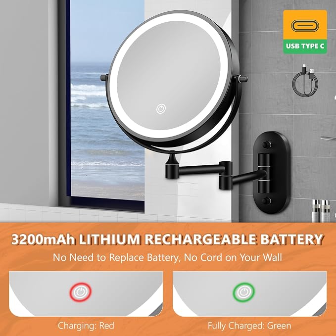 Auxmir 8'' Wall Mounted Lighted Makeup Mirror, 3200mAh Rechargeable - Image 8