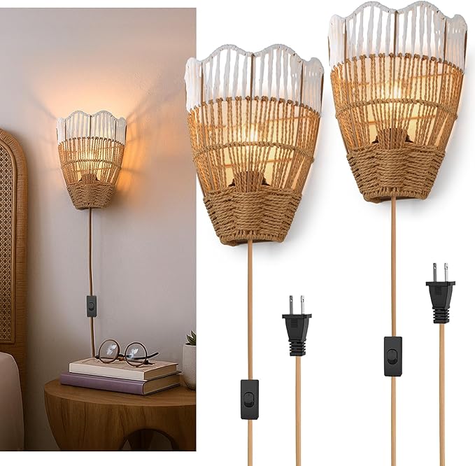 Plug-in Boho Wall Sconces Set of 2, Handwoven Rattan Wall Lights by AKEETO