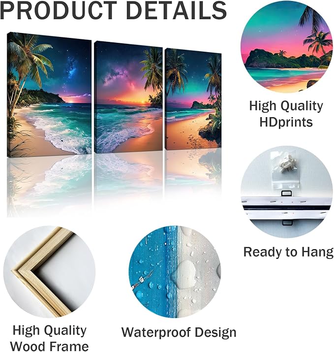 weiyiart 3-Piece Tropical Beach Wall Art, Northern Lights Ocean Sunset Canvas - Image 4