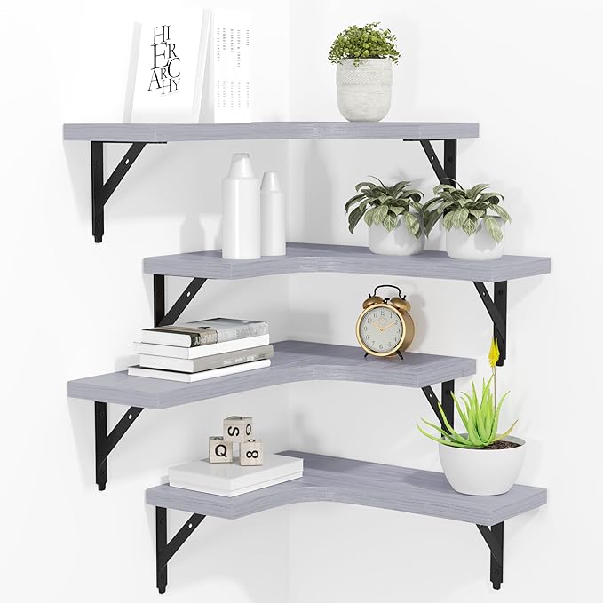 ROMGUAR CRAFT Corner Floating Shelves Wall Mounted Set of 4, Rustic Wood by ROMGUAR+CRAFT