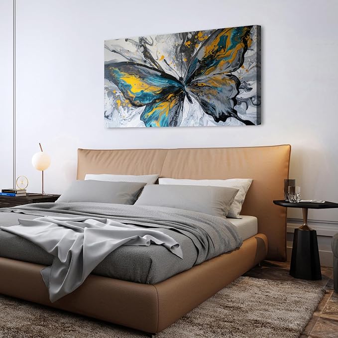 Abstract Butterfly Wall Art Teal Grey Yellow Butterfly Wall Decor Modern Marble - Image 6