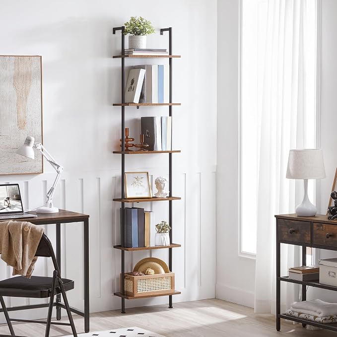 HOOBRO DIY Ladder Shelf, 6-Tier Wooden Wall Mounted Bookshelf, Narrow Bookcase - Image 9