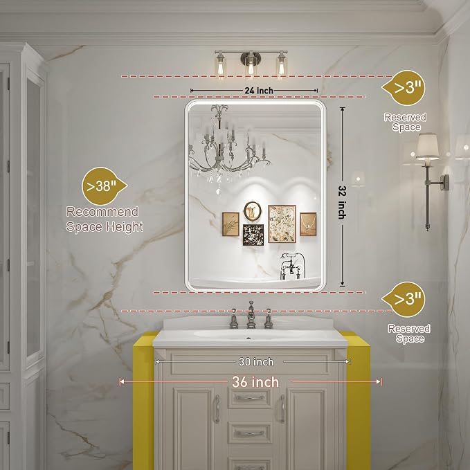 LED Bathroom Mirror with Lights, 24x32 Inch Brushed Silver Framed Lighted - Image 7