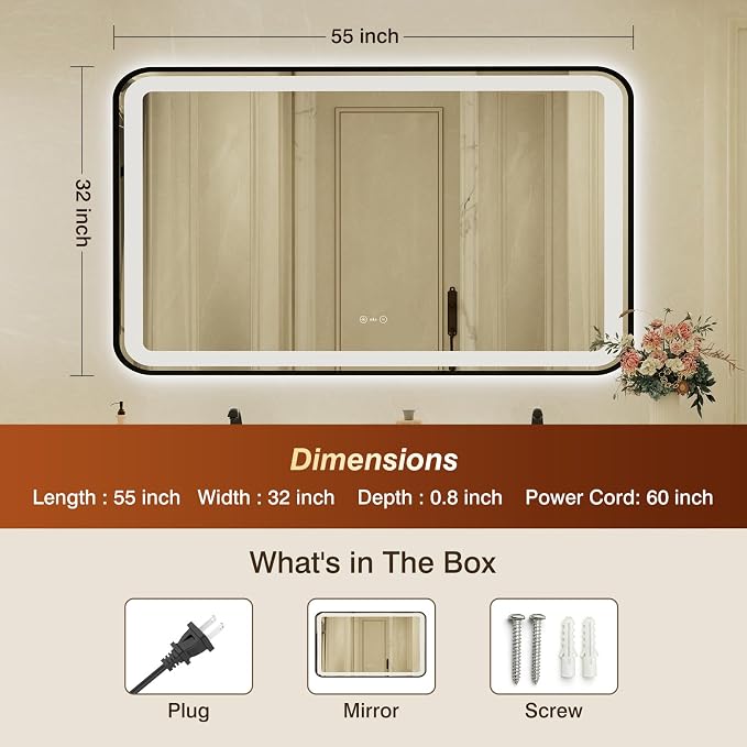 32x55 Inch Black Framed LED Bathroom Mirror - Image 3